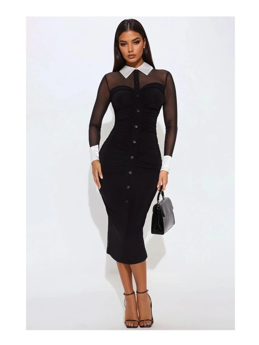 Fashion Nova Black Midi Dress with White Collar & Cuffs